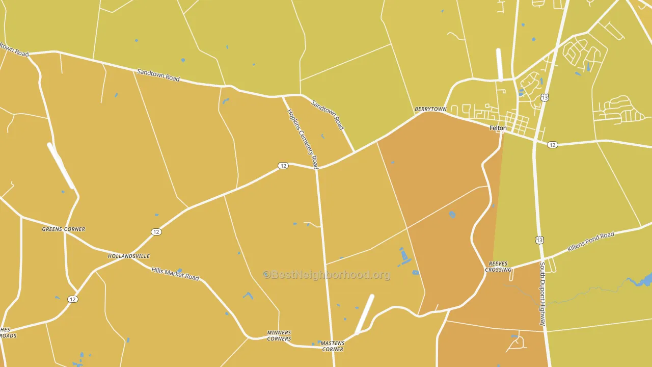Map of the best neighborhoods in the Hollandsville area, with better matches in green and worse matches in red