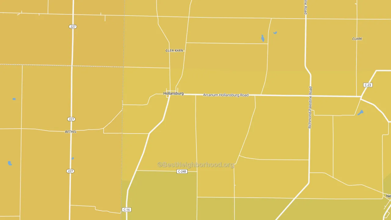Map of the best neighborhoods in the Hollansburg area, with better matches in green and worse matches in red