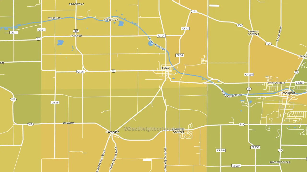 Map of the best neighborhoods in the Holley area, with better matches in green and worse matches in red