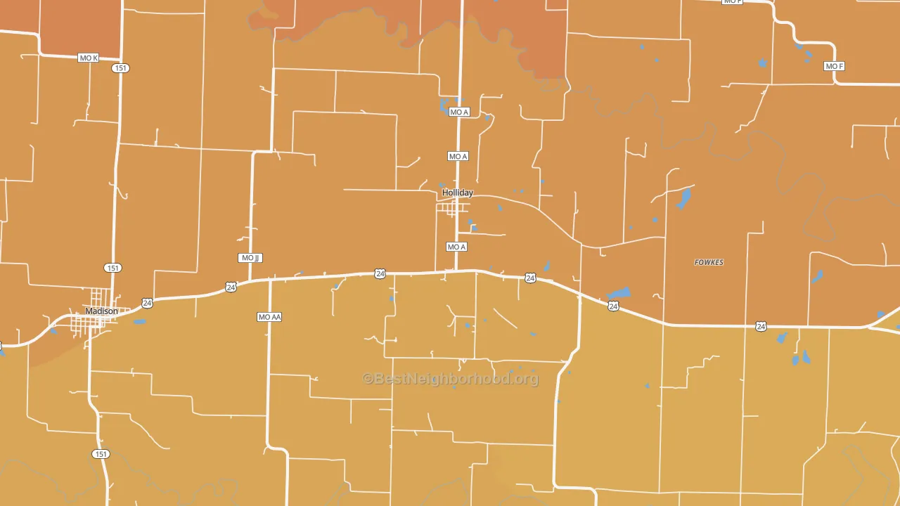 Map of the best neighborhoods in the Holliday area, with better matches in green and worse matches in red
