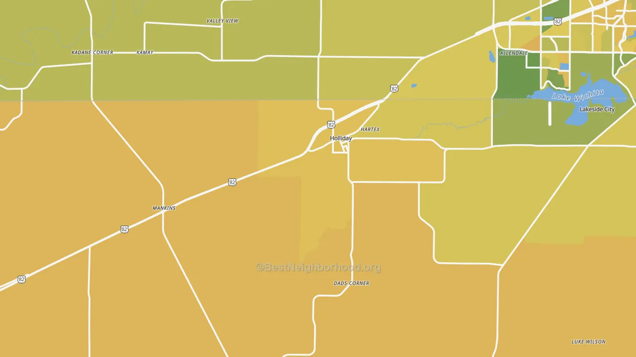 Map of the best neighborhoods in the Holliday area, with better matches in green and worse matches in red