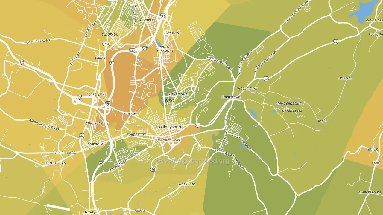 Map of the best neighborhoods in the Hollidaysburg area, with better matches in green and worse matches in red