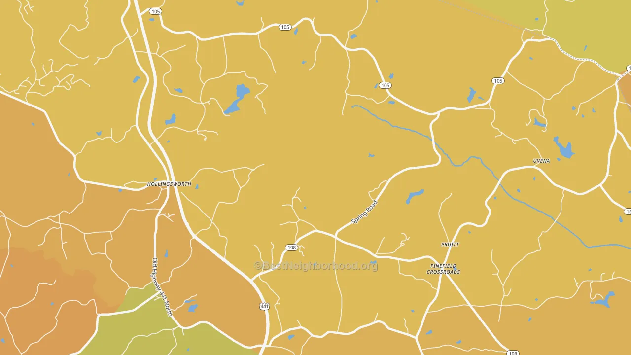 Map of the best neighborhoods in the Hollingsworth area, with better matches in green and worse matches in red