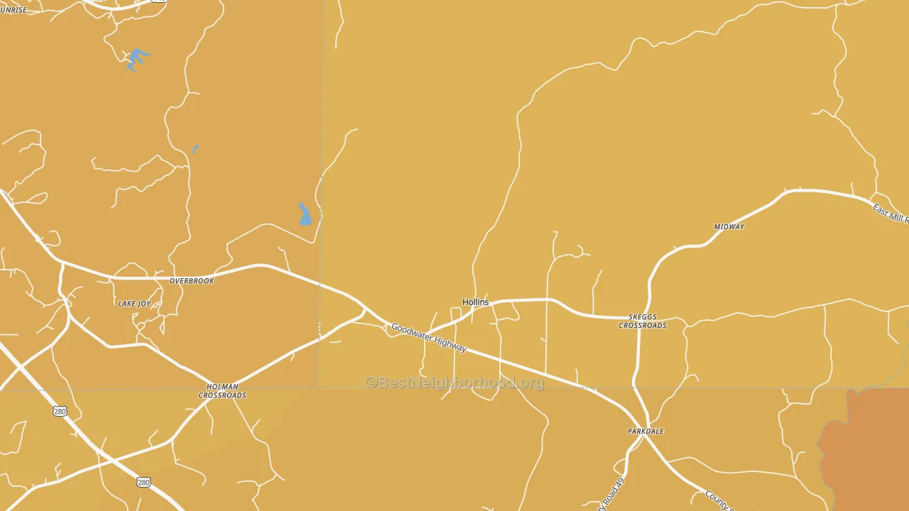 Map of the best neighborhoods in the Hollins area, with better matches in green and worse matches in red