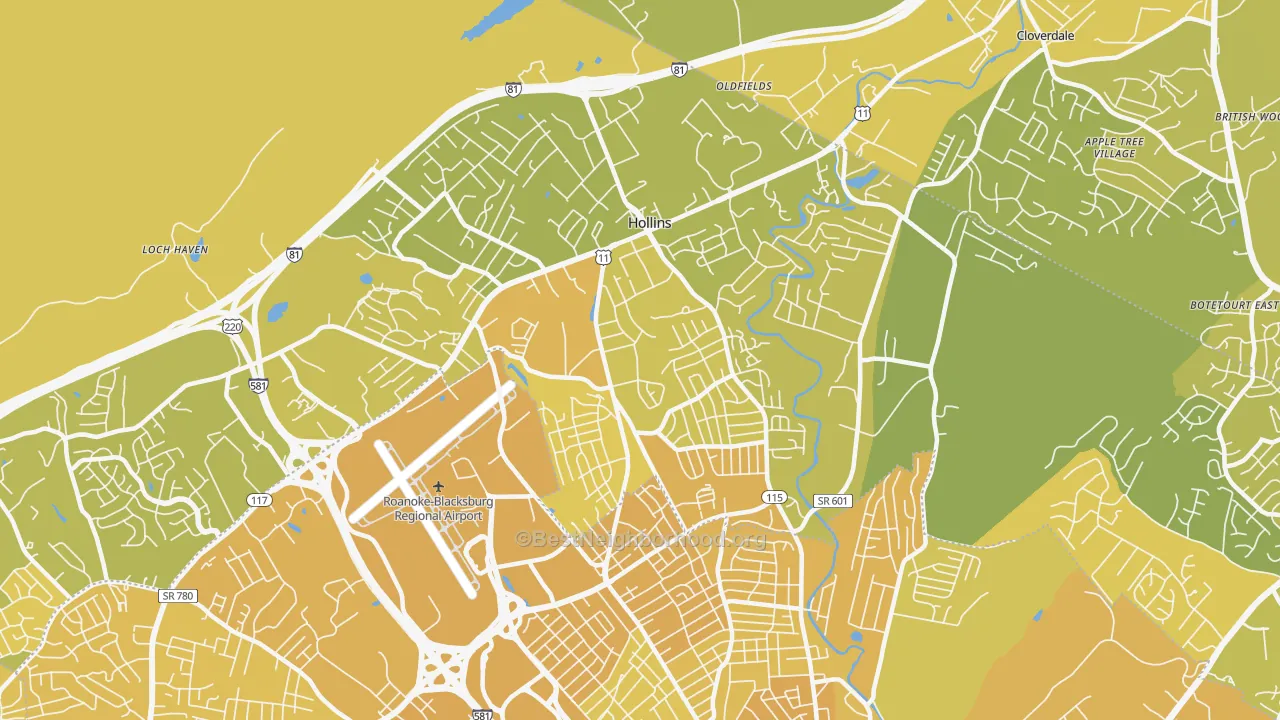 Map of the best neighborhoods in the Hollins area, with better matches in green and worse matches in red