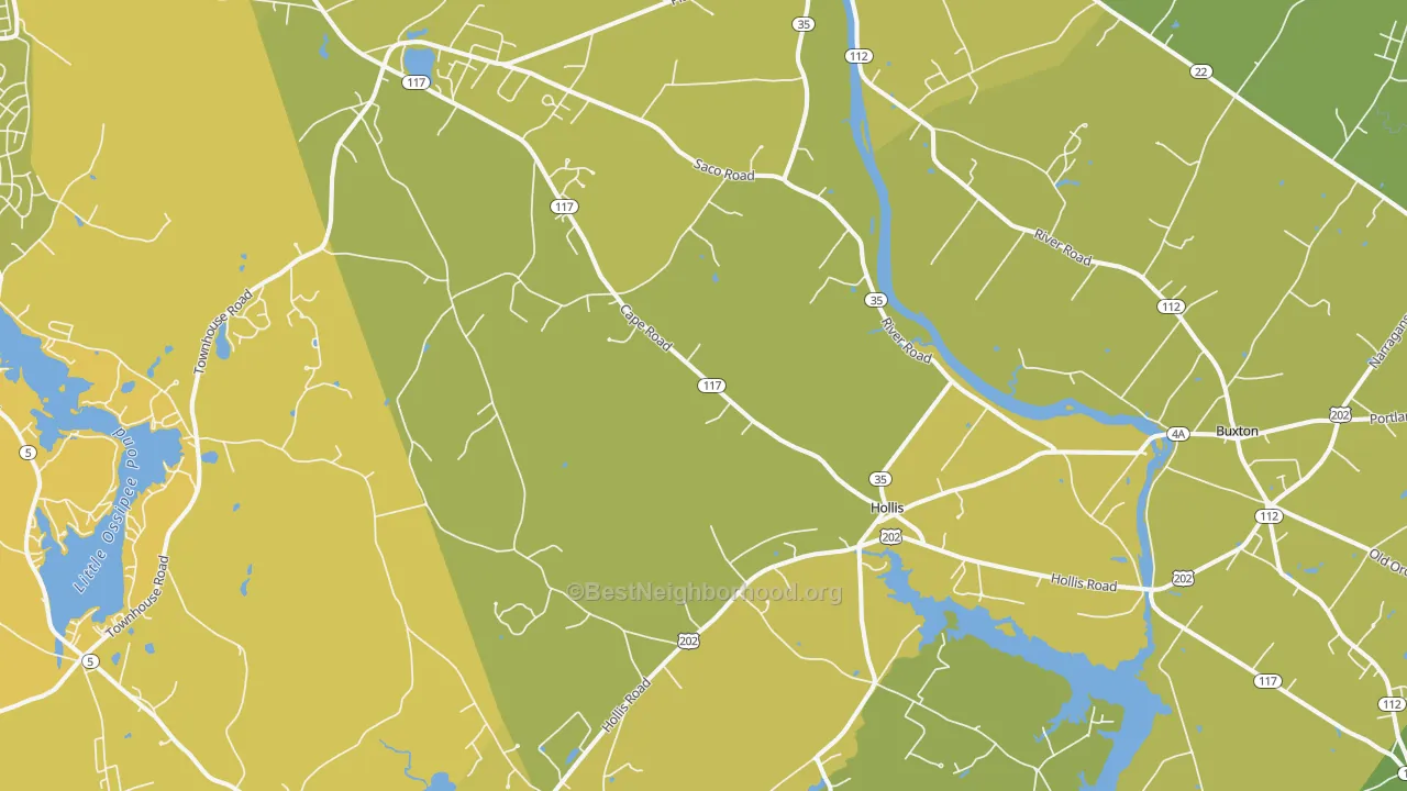 Map of the best neighborhoods in the Hollis Center area, with better matches in green and worse matches in red