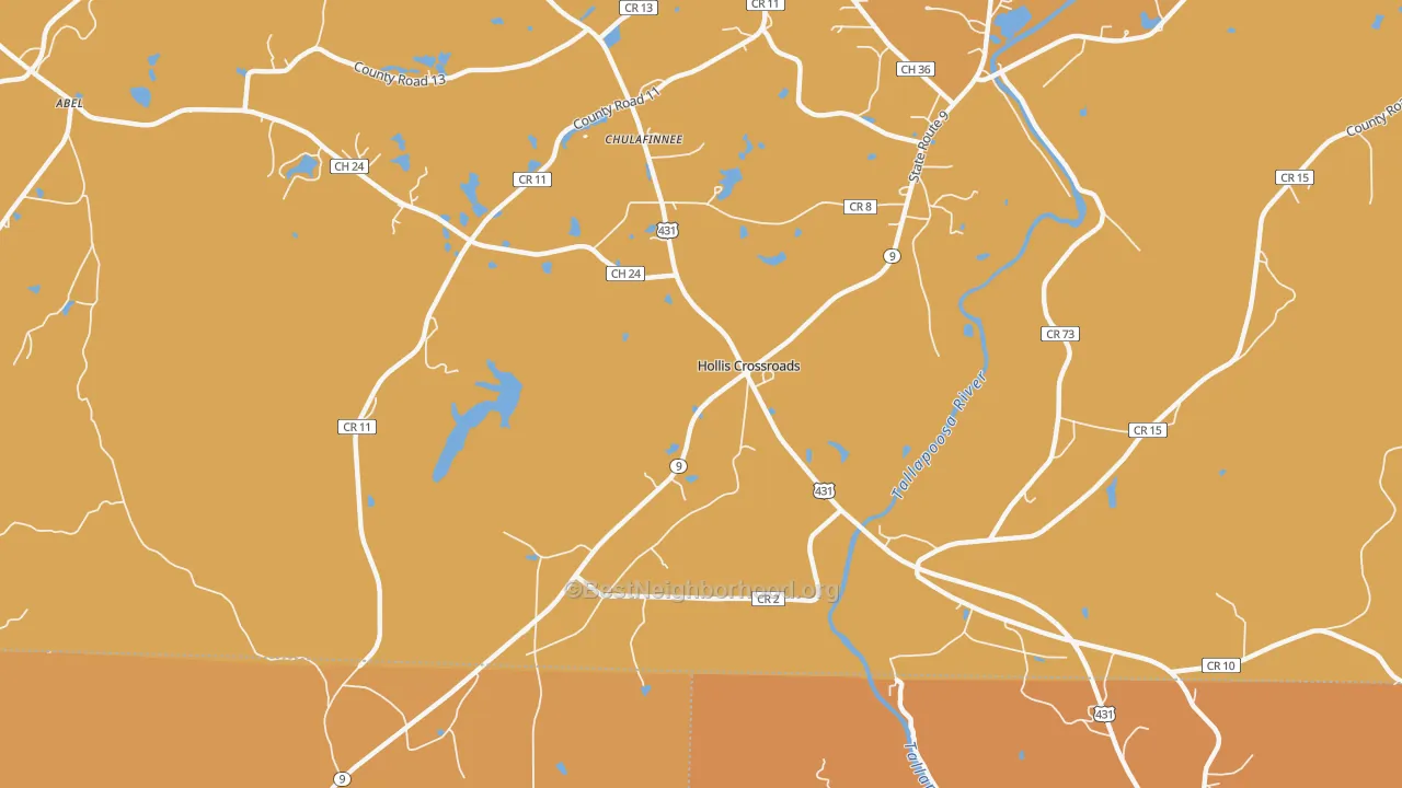 Map of the best neighborhoods in the Hollis Crossroads area, with better matches in green and worse matches in red
