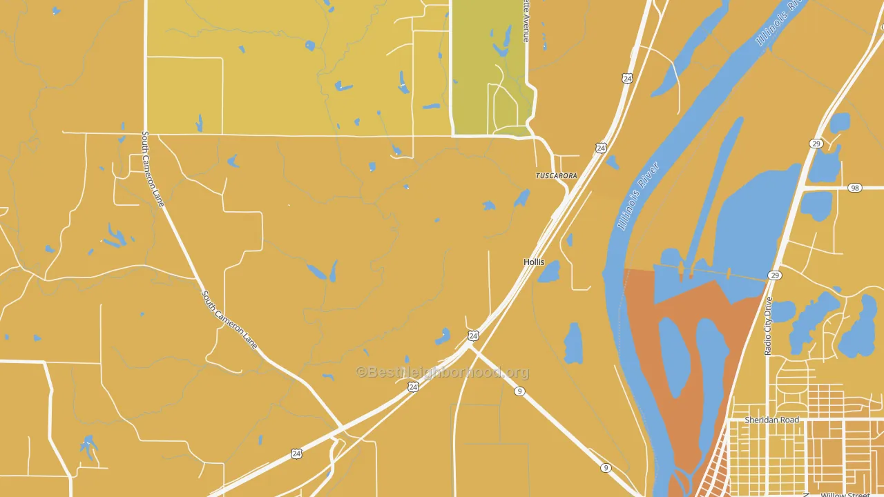 Map of the best neighborhoods in the Hollis area, with better matches in green and worse matches in red
