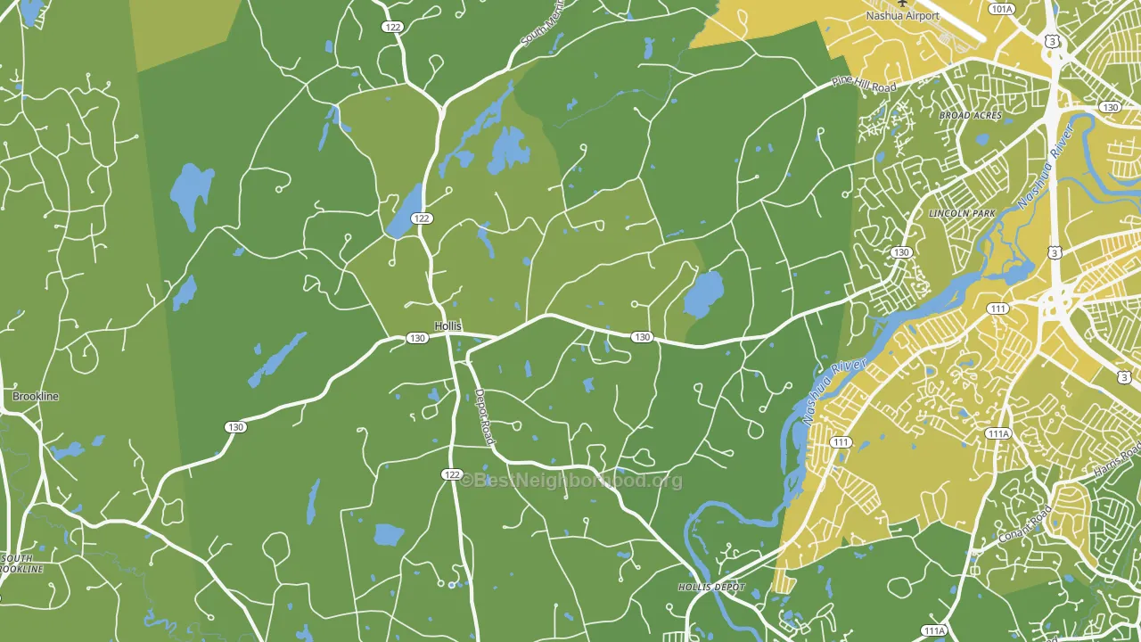 Map of the best neighborhoods in the Hollis area, with better matches in green and worse matches in red