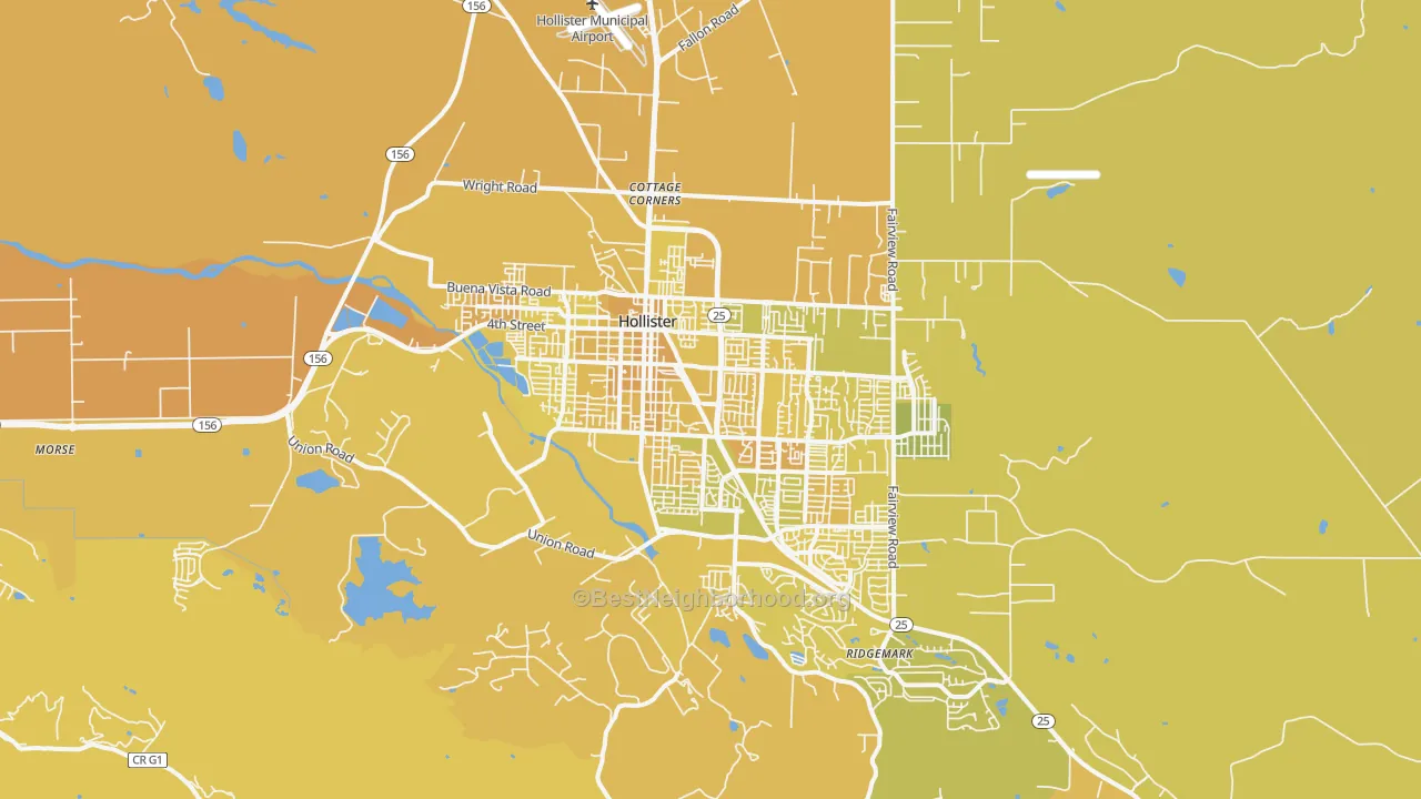 Map of the best neighborhoods in the Hollister area, with better matches in green and worse matches in red