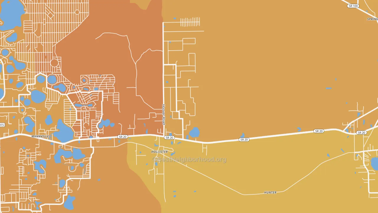 Map of the best neighborhoods in the Hollister area, with better matches in green and worse matches in red