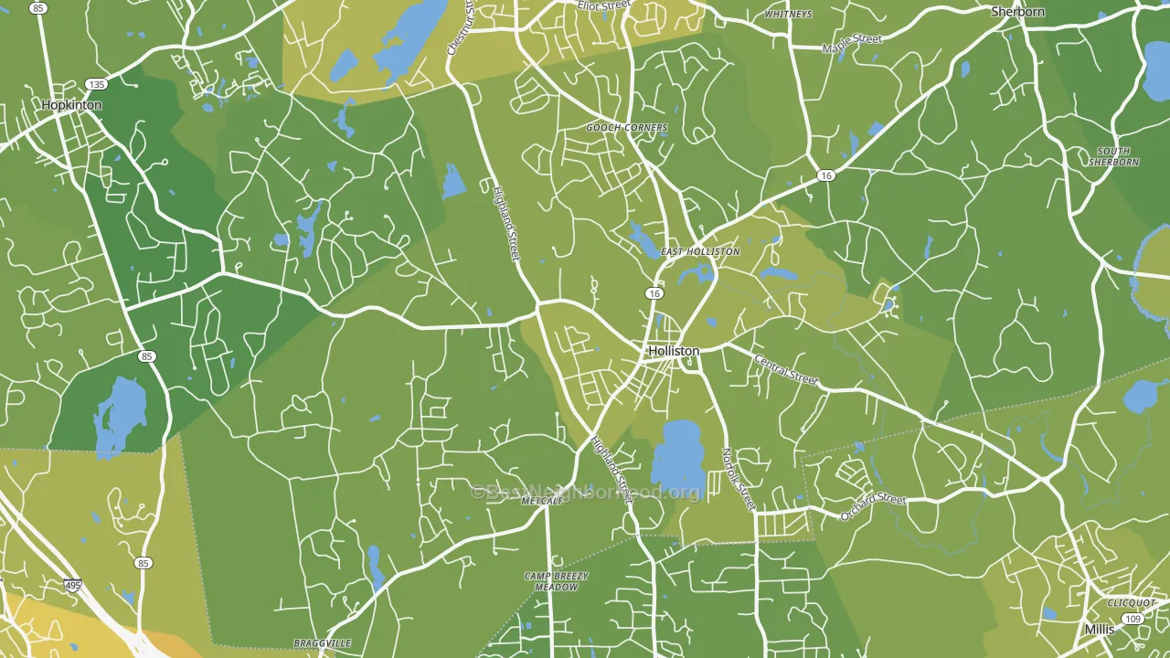 Map of the best neighborhoods in the Holliston area, with better matches in green and worse matches in red