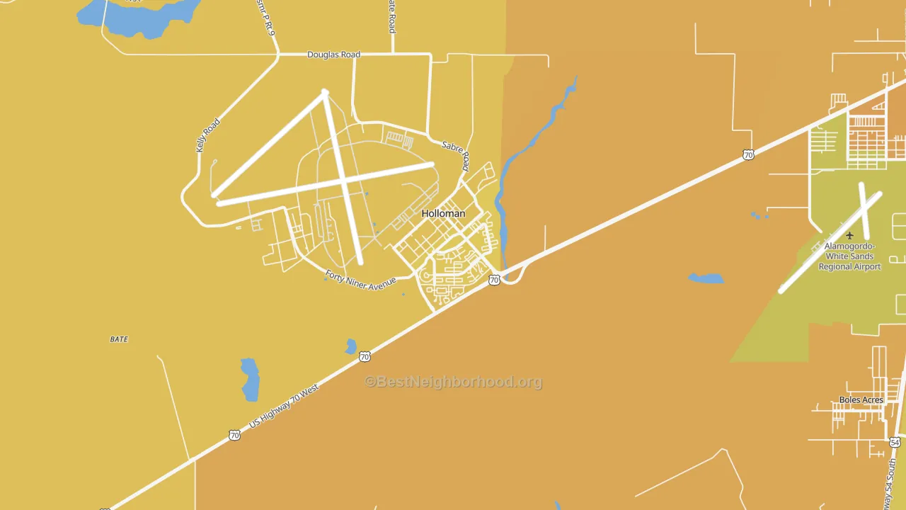 Map of the best neighborhoods in the Holloman AFB area, with better matches in green and worse matches in red