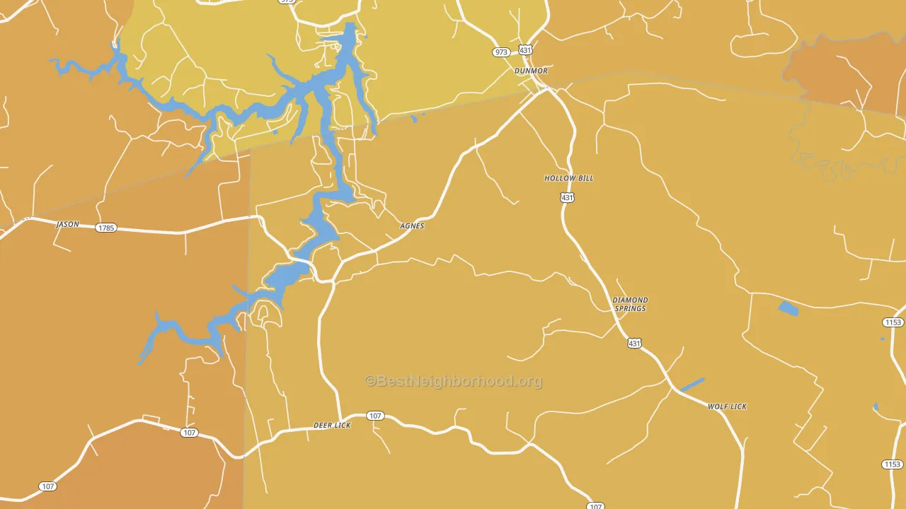 Map of the best neighborhoods in the Hollow Bill area, with better matches in green and worse matches in red