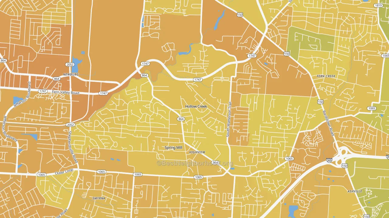 Map of the best neighborhoods in the Hollow Creek area, with better matches in green and worse matches in red