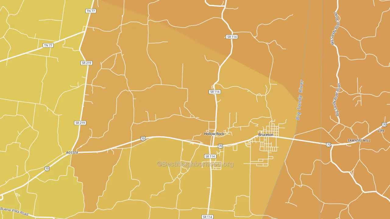 Map of the best neighborhoods in the Hollow Rock area, with better matches in green and worse matches in red