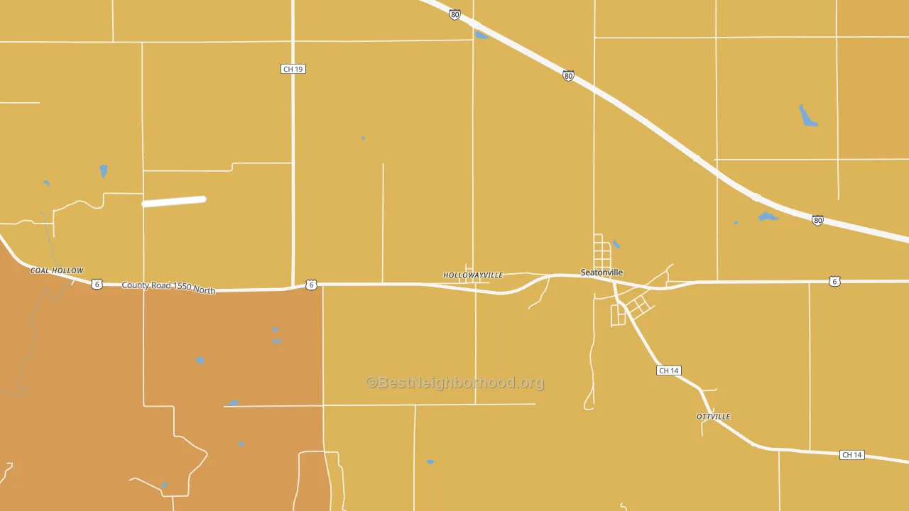 Map of the best neighborhoods in the Hollowayville area, with better matches in green and worse matches in red