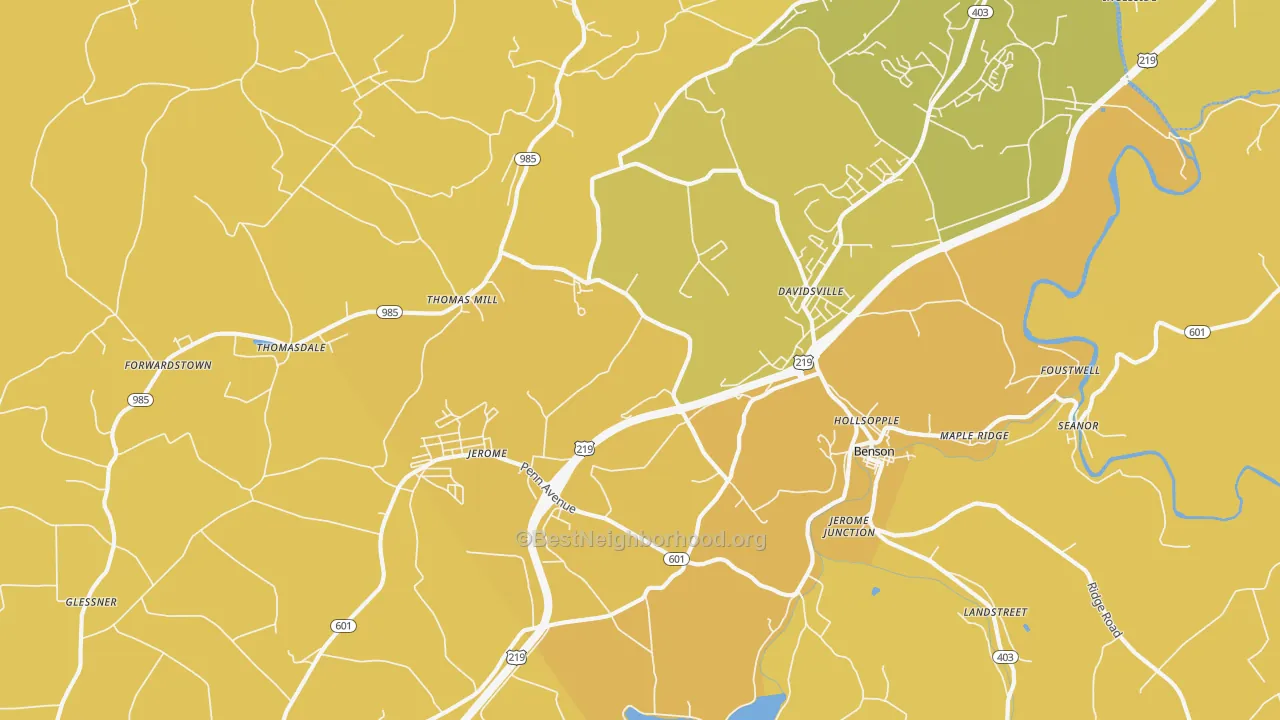 Map of the best neighborhoods in the Hollsopple area, with better matches in green and worse matches in red