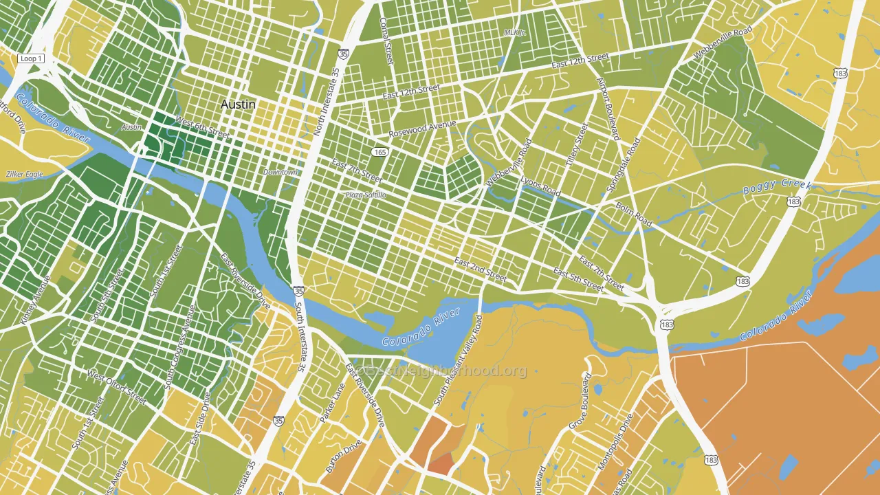 Map of the best neighborhoods in the Holly, Austin area, with better matches in green and worse matches in red