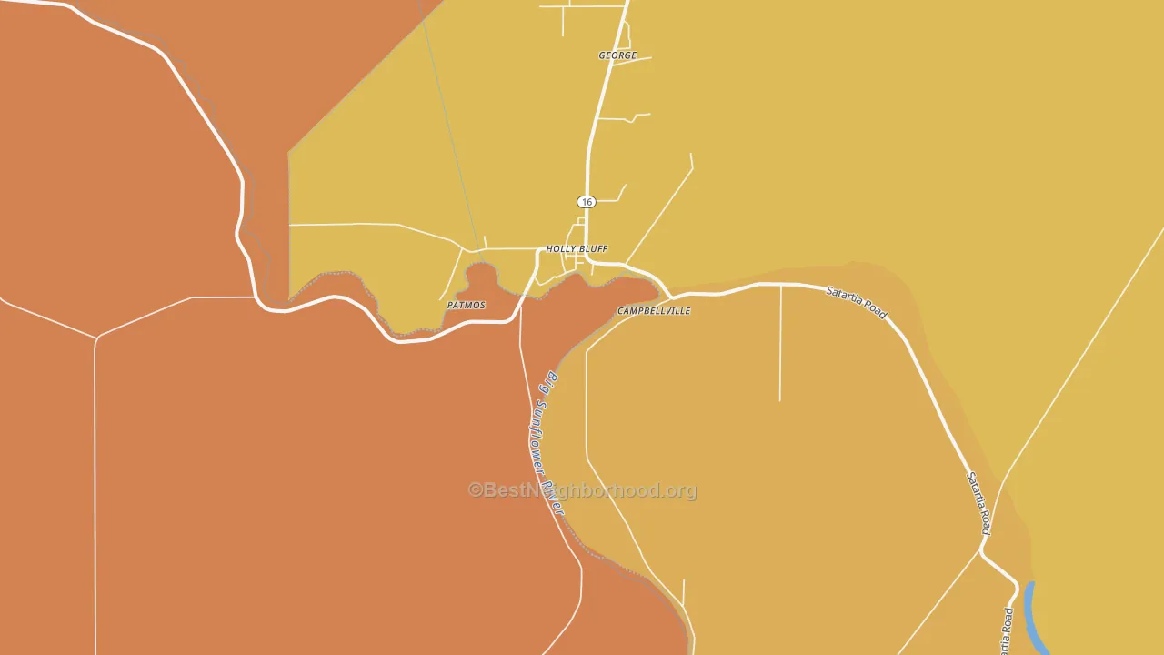 Map of the best neighborhoods in the Holly Bluff area, with better matches in green and worse matches in red