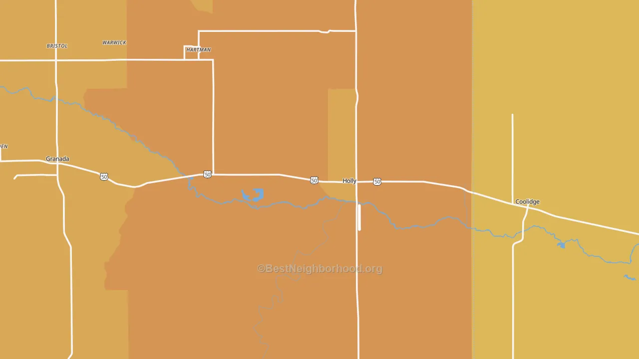 Map of the best neighborhoods in the Holly area, with better matches in green and worse matches in red