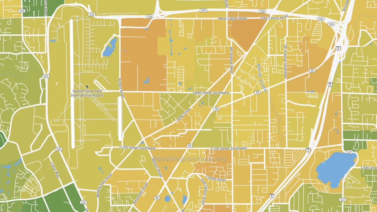 Map of the best neighborhoods in the Holly, Everett area, with better matches in green and worse matches in red