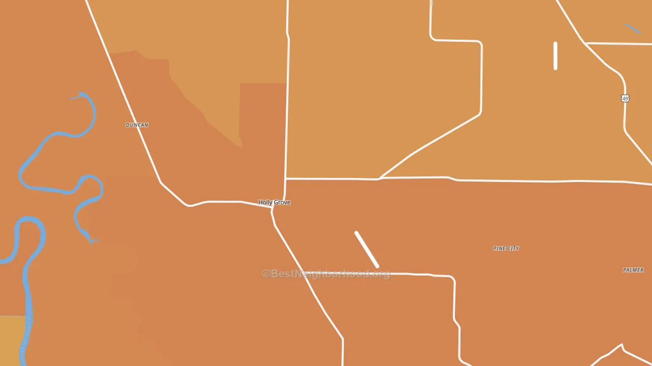 Map of the best neighborhoods in the Holly Grove area, with better matches in green and worse matches in red