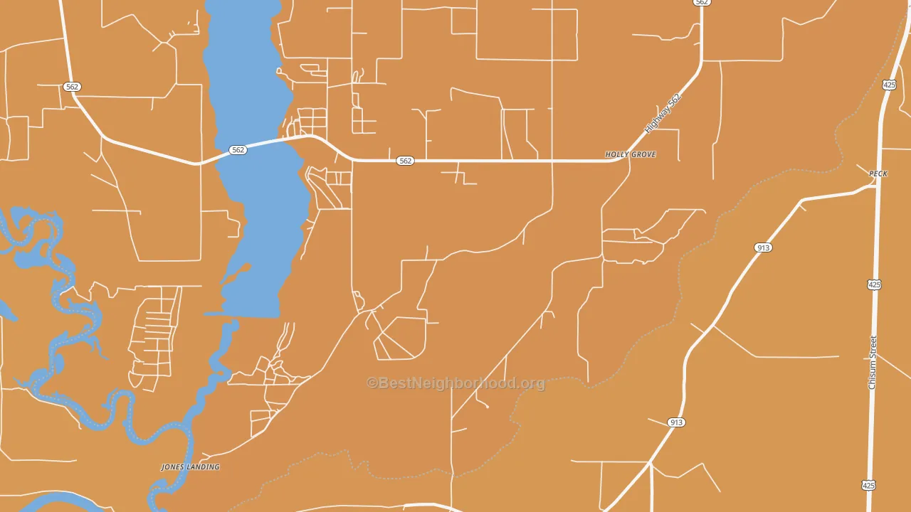 Map of the best neighborhoods in the Holly Grove area, with better matches in green and worse matches in red