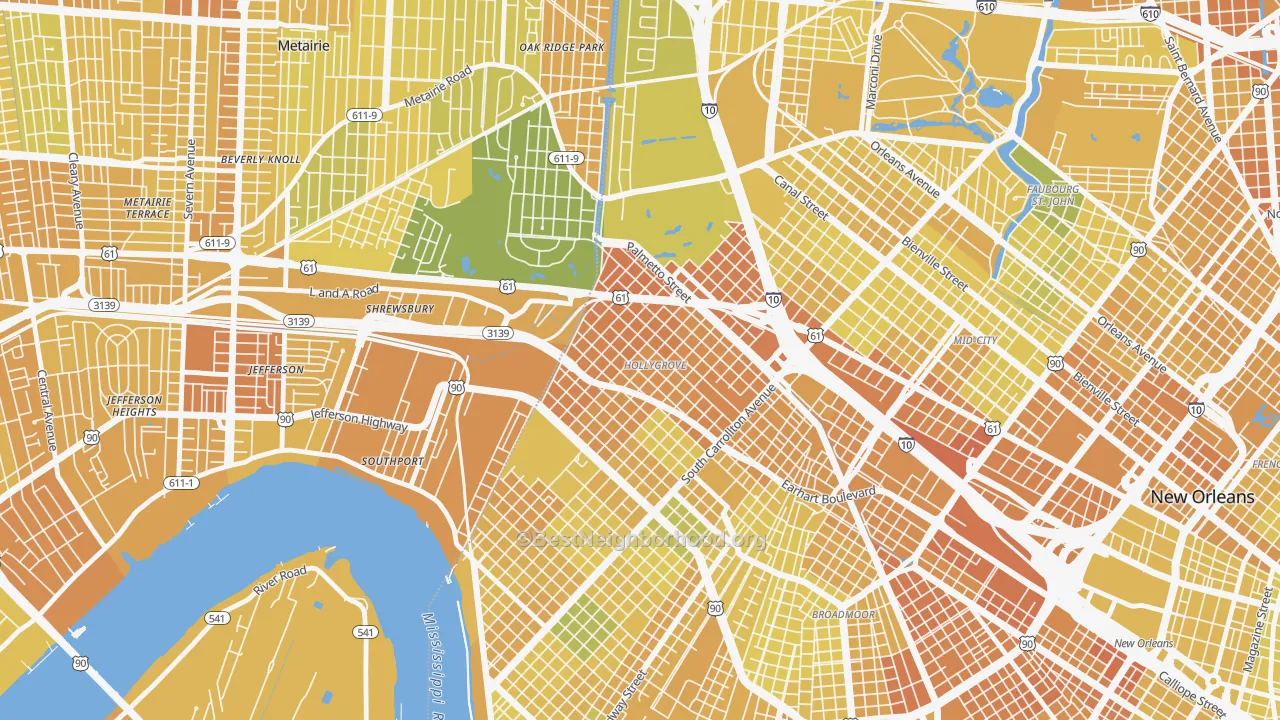 Map of the best neighborhoods in the Holly Grove, New Orleans area, with better matches in green and worse matches in red