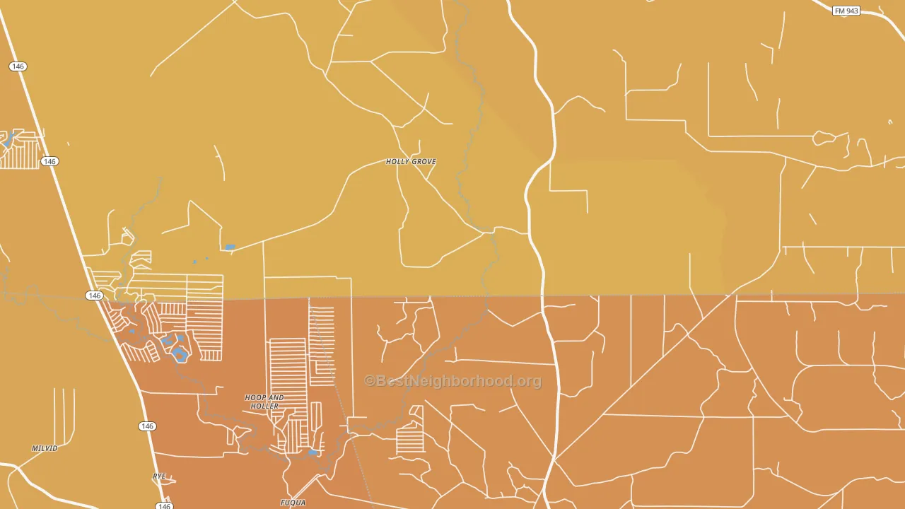 Map of the best neighborhoods in the Holly Grove area, with better matches in green and worse matches in red