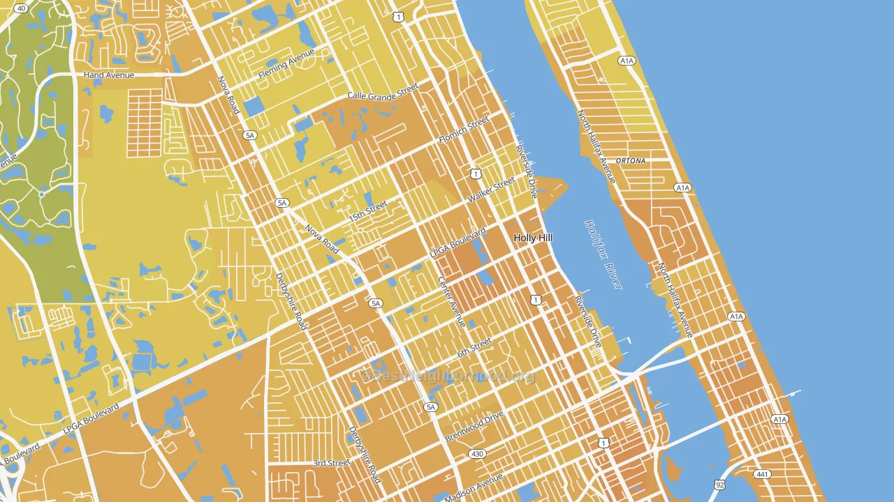Map of the best neighborhoods in the Holly Hill area, with better matches in green and worse matches in red