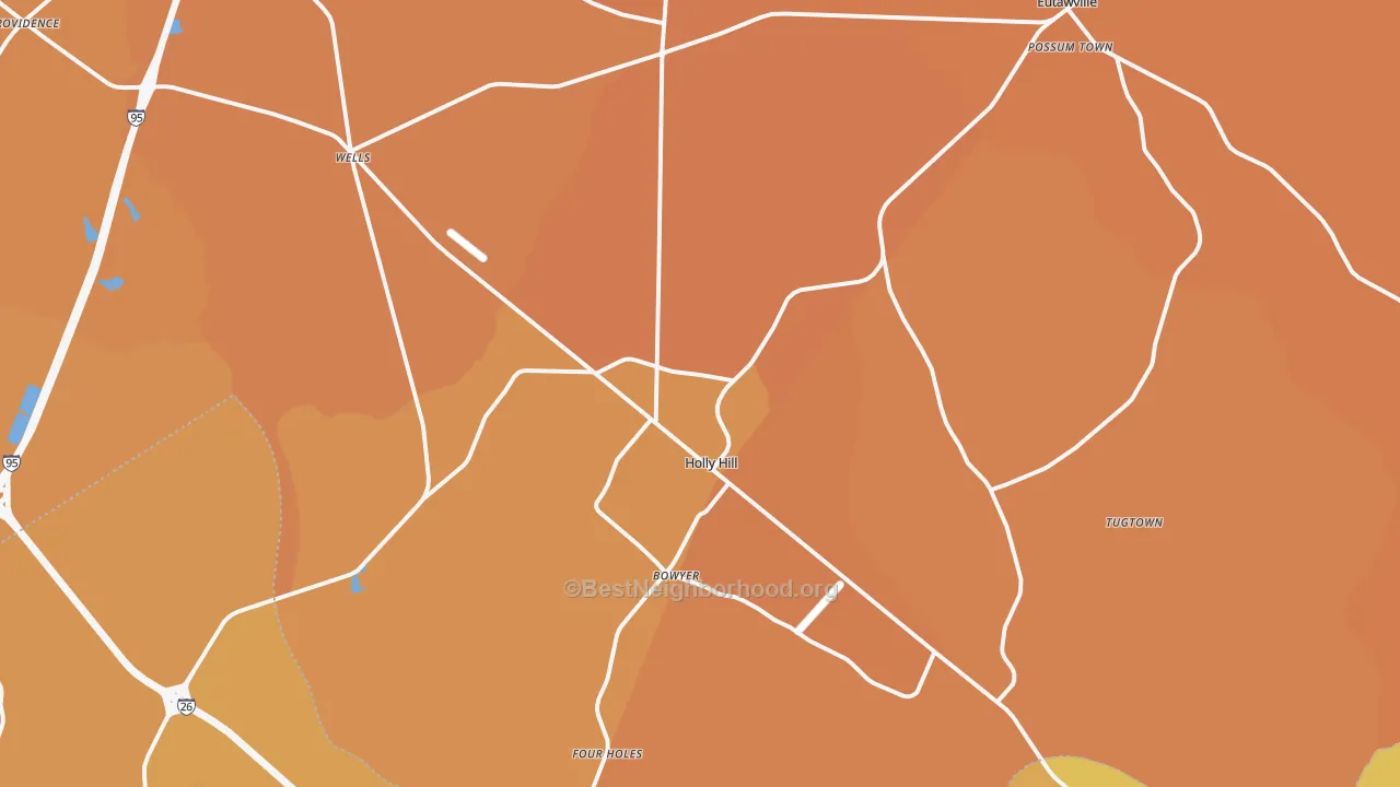 Map of the best neighborhoods in the Holly Hill area, with better matches in green and worse matches in red