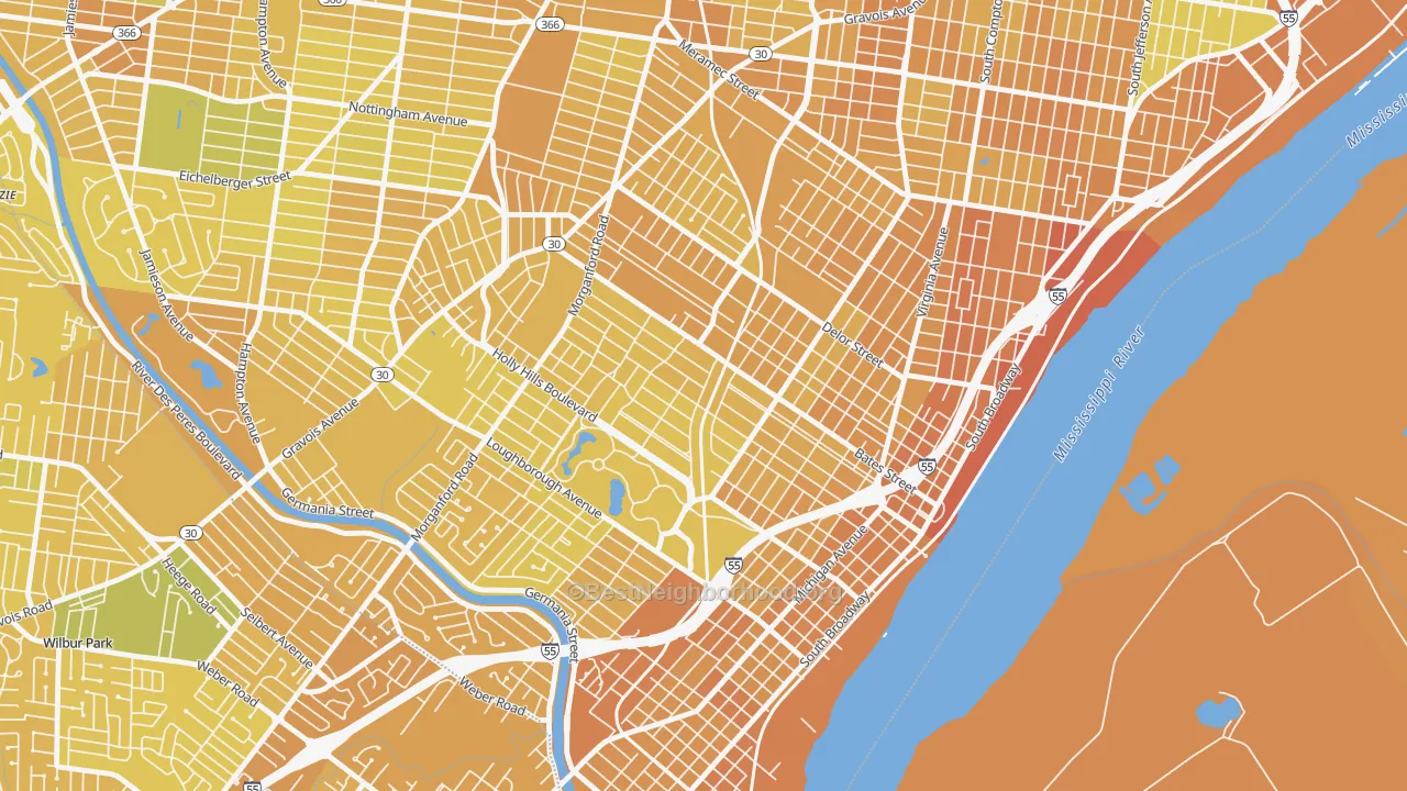 Map of the best neighborhoods in the Holly Hills, St. Louis area, with better matches in green and worse matches in red