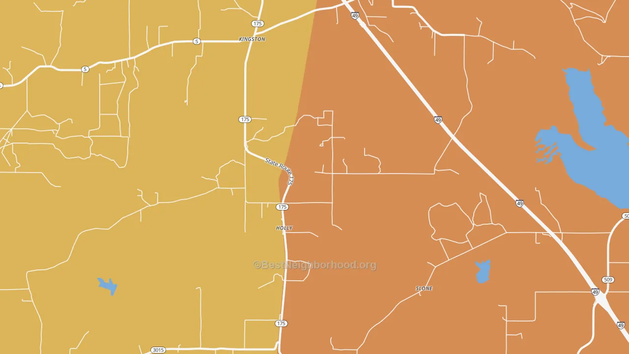 Map of the best neighborhoods in the Holly area, with better matches in green and worse matches in red
