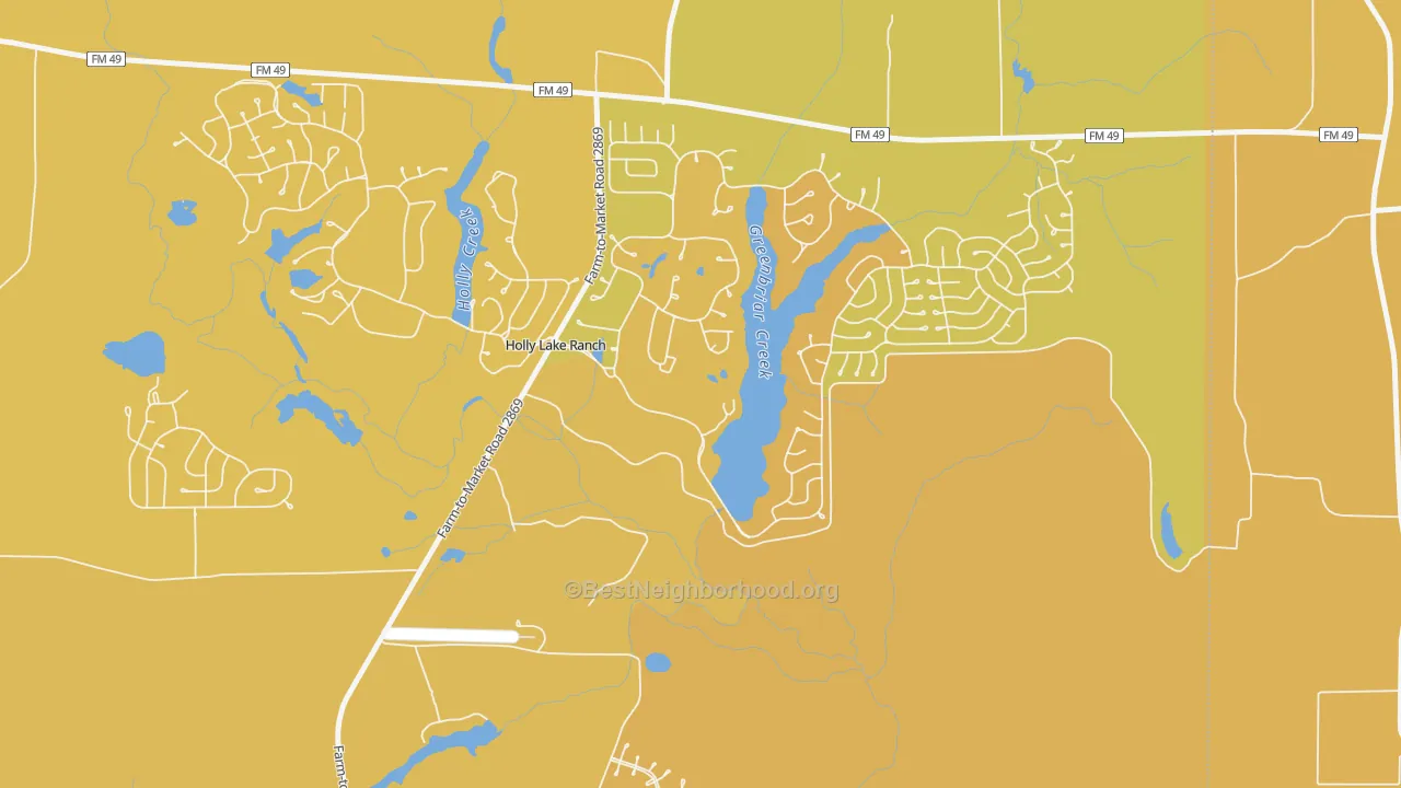 Map of the best neighborhoods in the Holly Lake Ranch area, with better matches in green and worse matches in red