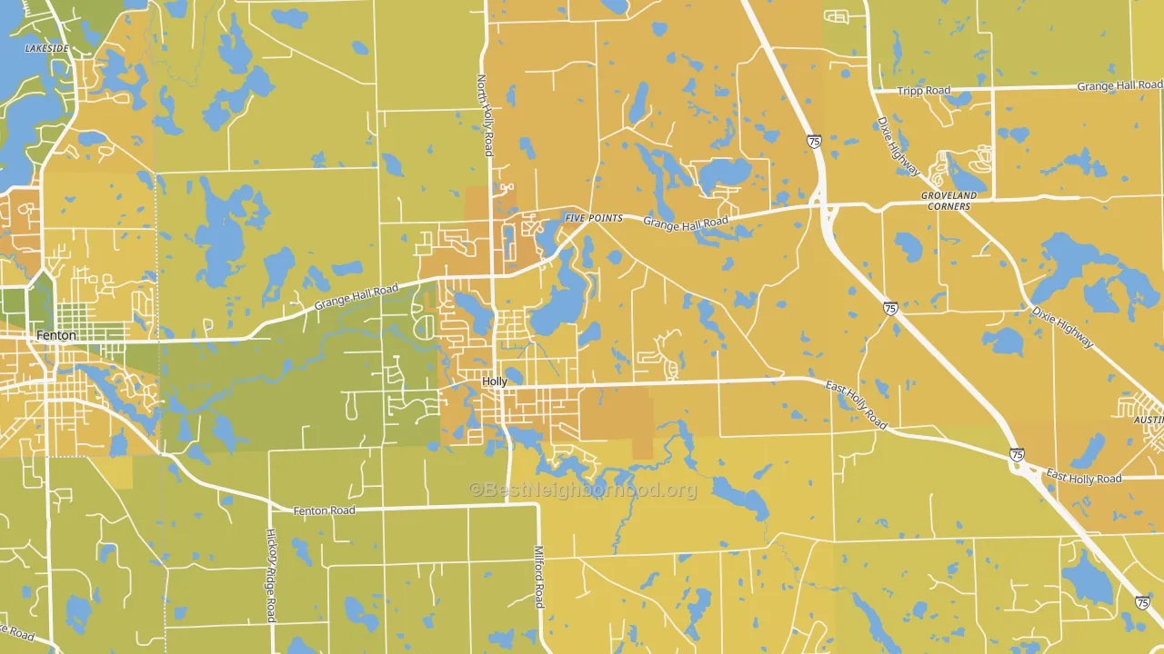 Map of the best neighborhoods in the Holly area, with better matches in green and worse matches in red