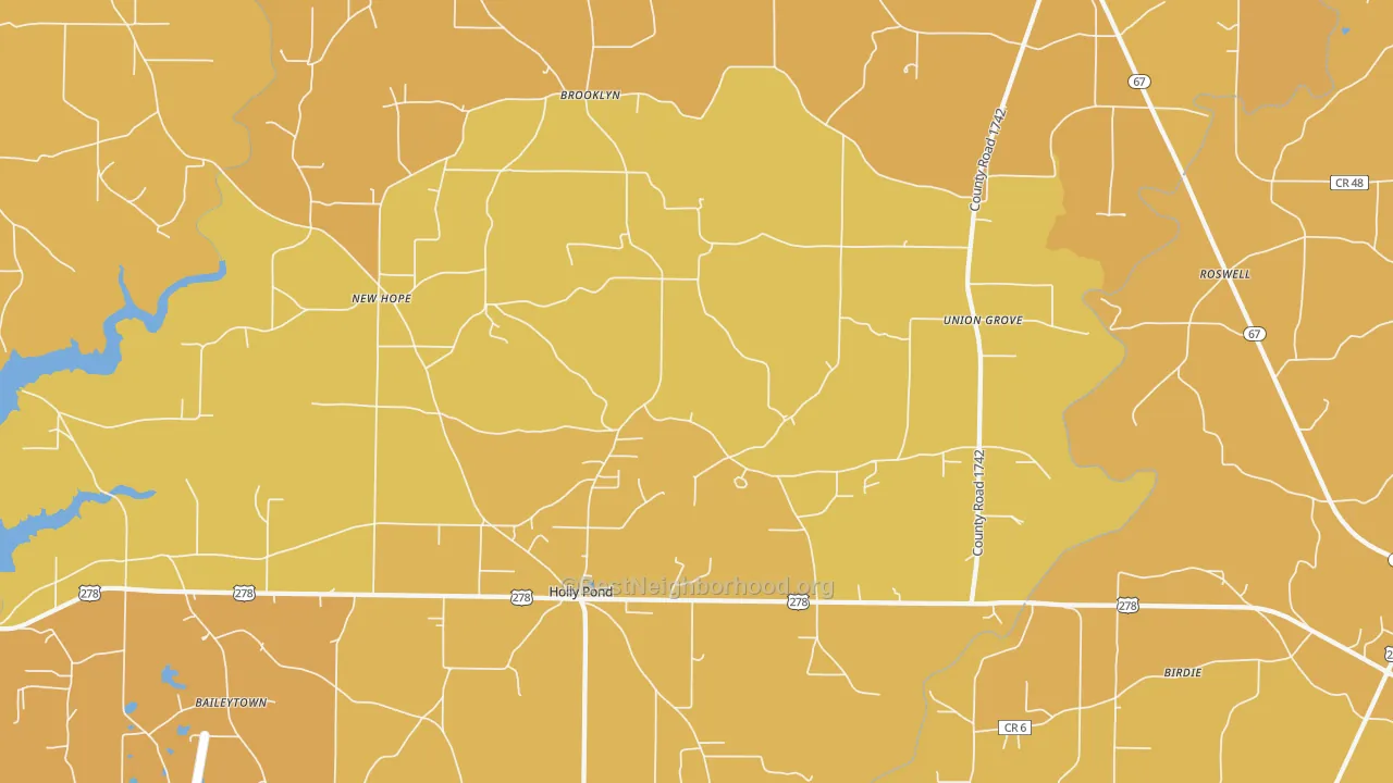 Map of the best neighborhoods in the Holly Pond area, with better matches in green and worse matches in red