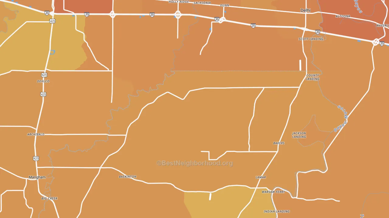 Map of the best neighborhoods in the Holly Ridge area, with better matches in green and worse matches in red
