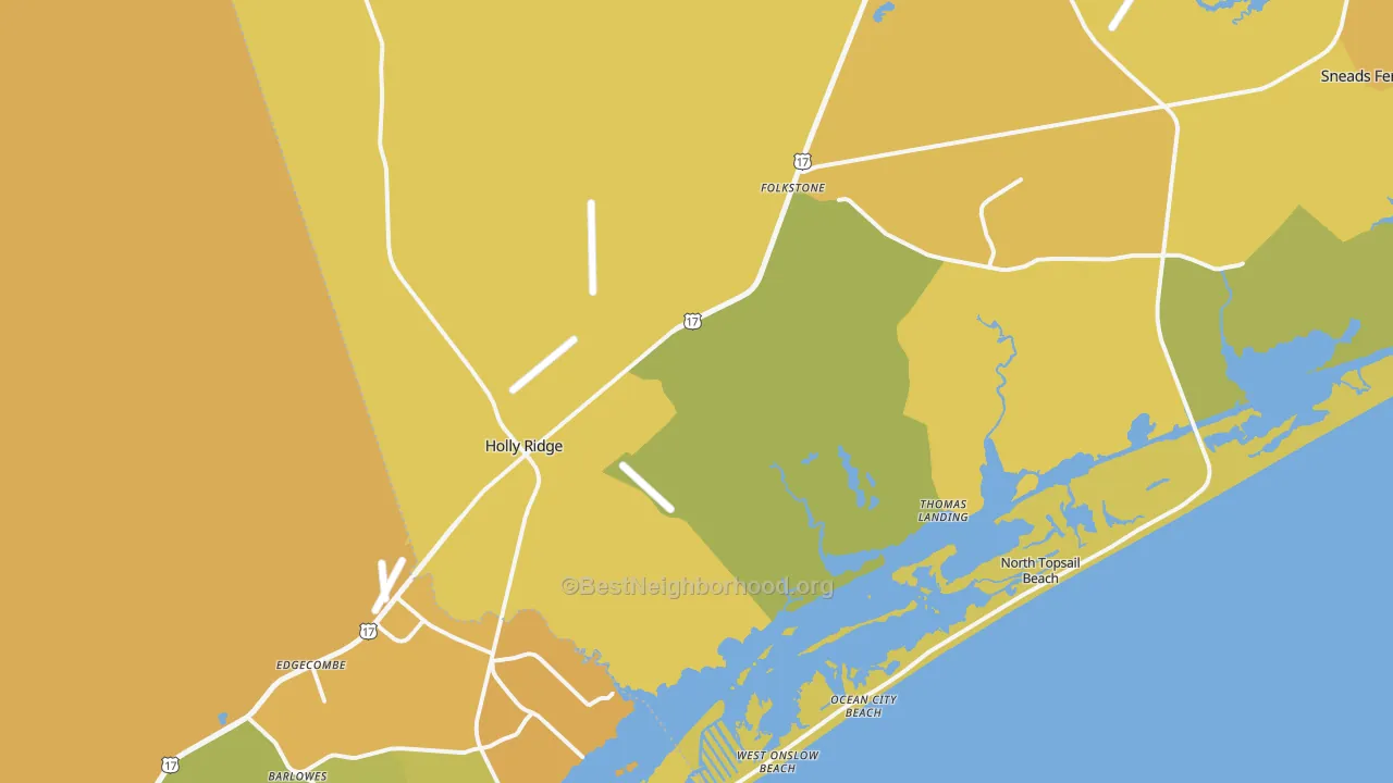 Map of the best neighborhoods in the Holly Ridge area, with better matches in green and worse matches in red