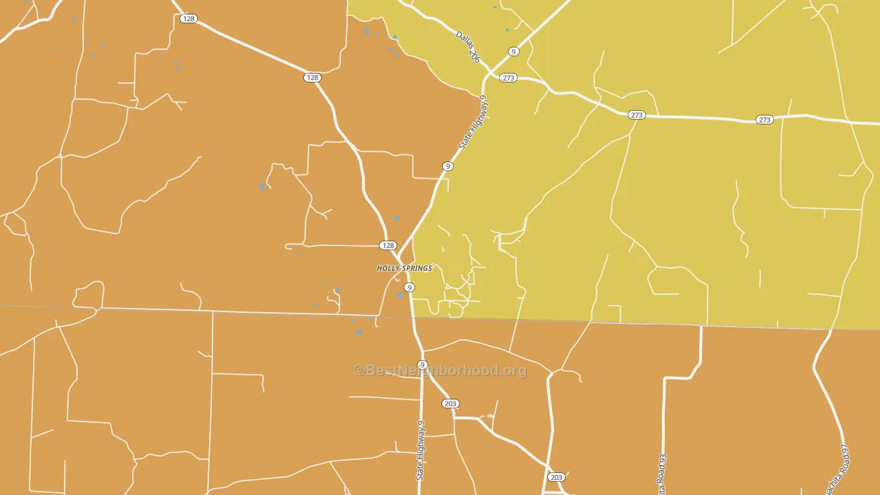 Map of the best neighborhoods in the Holly Springs area, with better matches in green and worse matches in red