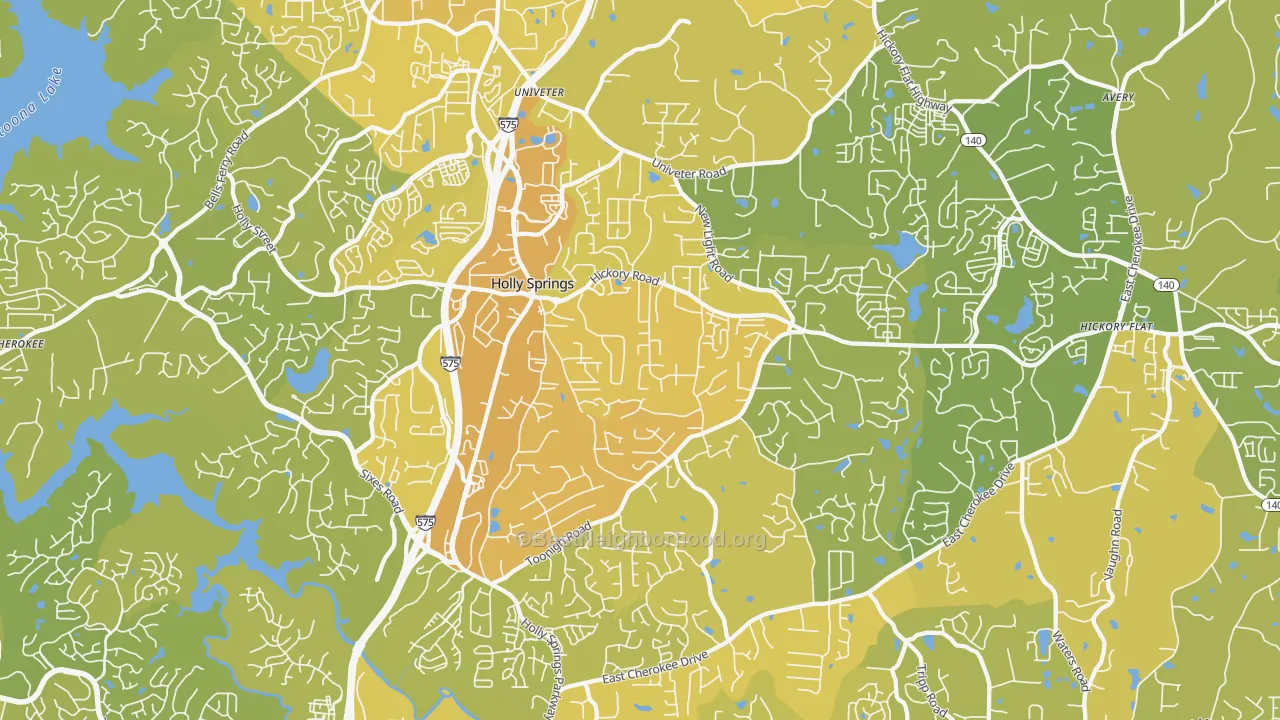 Map of the best neighborhoods in the Holly Springs area, with better matches in green and worse matches in red