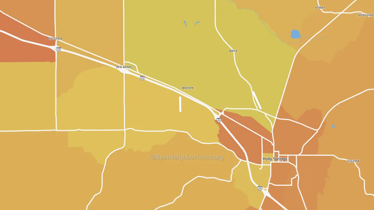 Map of the best neighborhoods in the Holly Springs area, with better matches in green and worse matches in red
