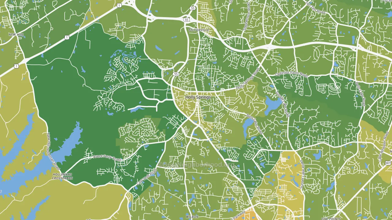 Map of the best neighborhoods in the Holly Springs area, with better matches in green and worse matches in red