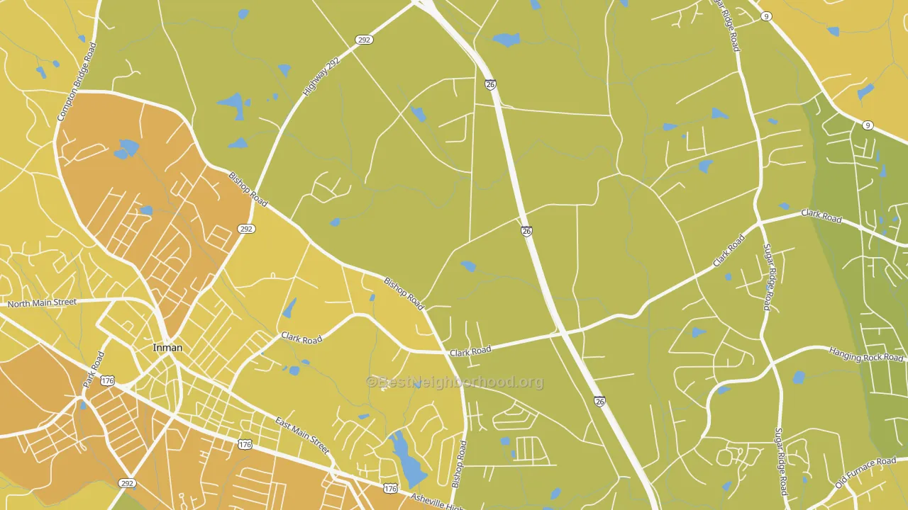 Map of the best neighborhoods in the Holly Springs area, with better matches in green and worse matches in red