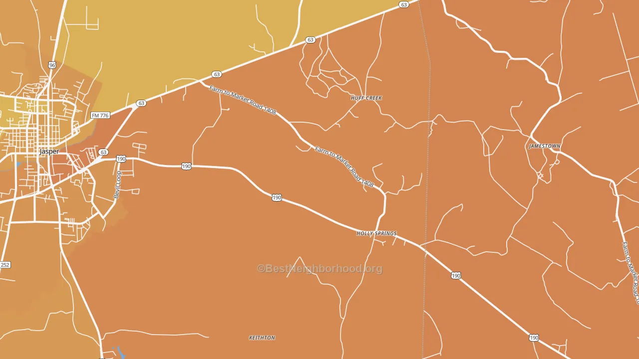 Map of the best neighborhoods in the Holly Springs area, with better matches in green and worse matches in red