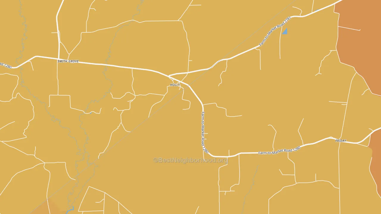 Map of the best neighborhoods in the Holly area, with better matches in green and worse matches in red
