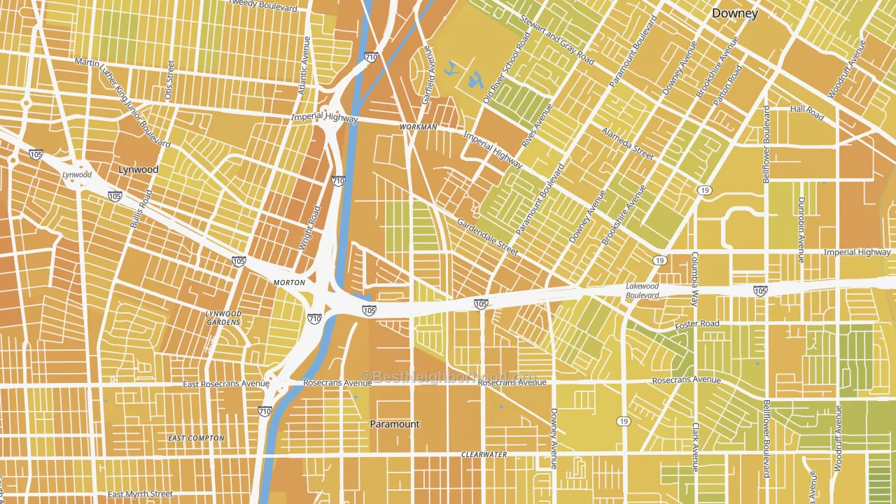 Map of the best neighborhoods in the Hollydale, South Gate area, with better matches in green and worse matches in red