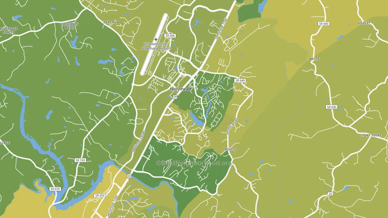 Map of the best neighborhoods in the Hollymead area, with better matches in green and worse matches in red