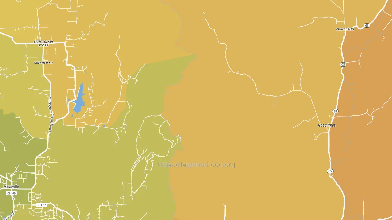 Map of the best neighborhoods in the Hollytree area, with better matches in green and worse matches in red