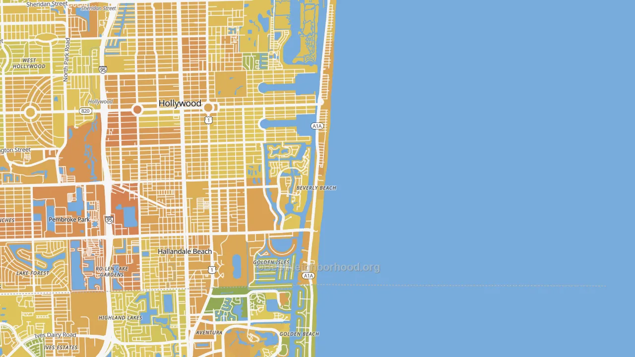 Map of the best neighborhoods in the Hollywood Beach-Quadoman, Hollywood area, with better matches in green and worse matches in red